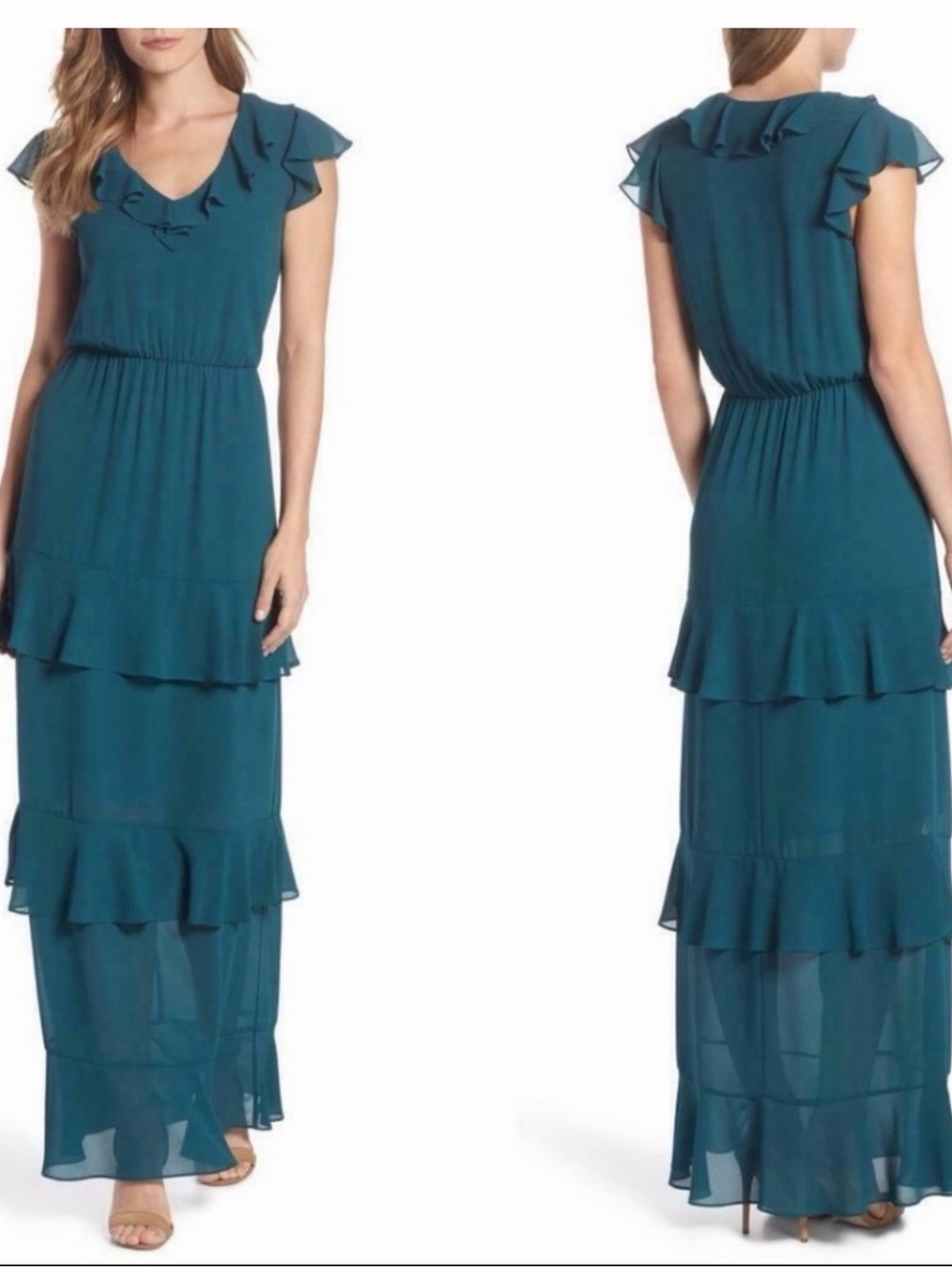 Charles Henry teal green tiered ruffle maxi dress